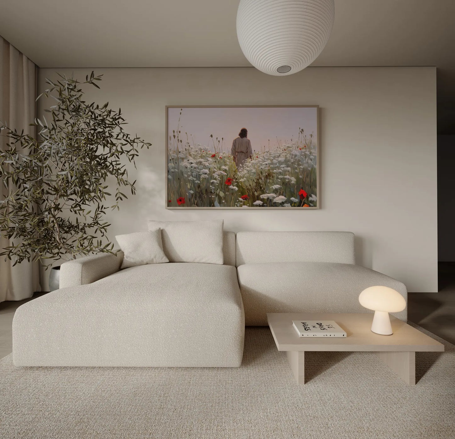 Jesus in a white and red poppy field immersive close-crop art print above a sofa in a calm, blush and neutral bedroom – JesusArtworks