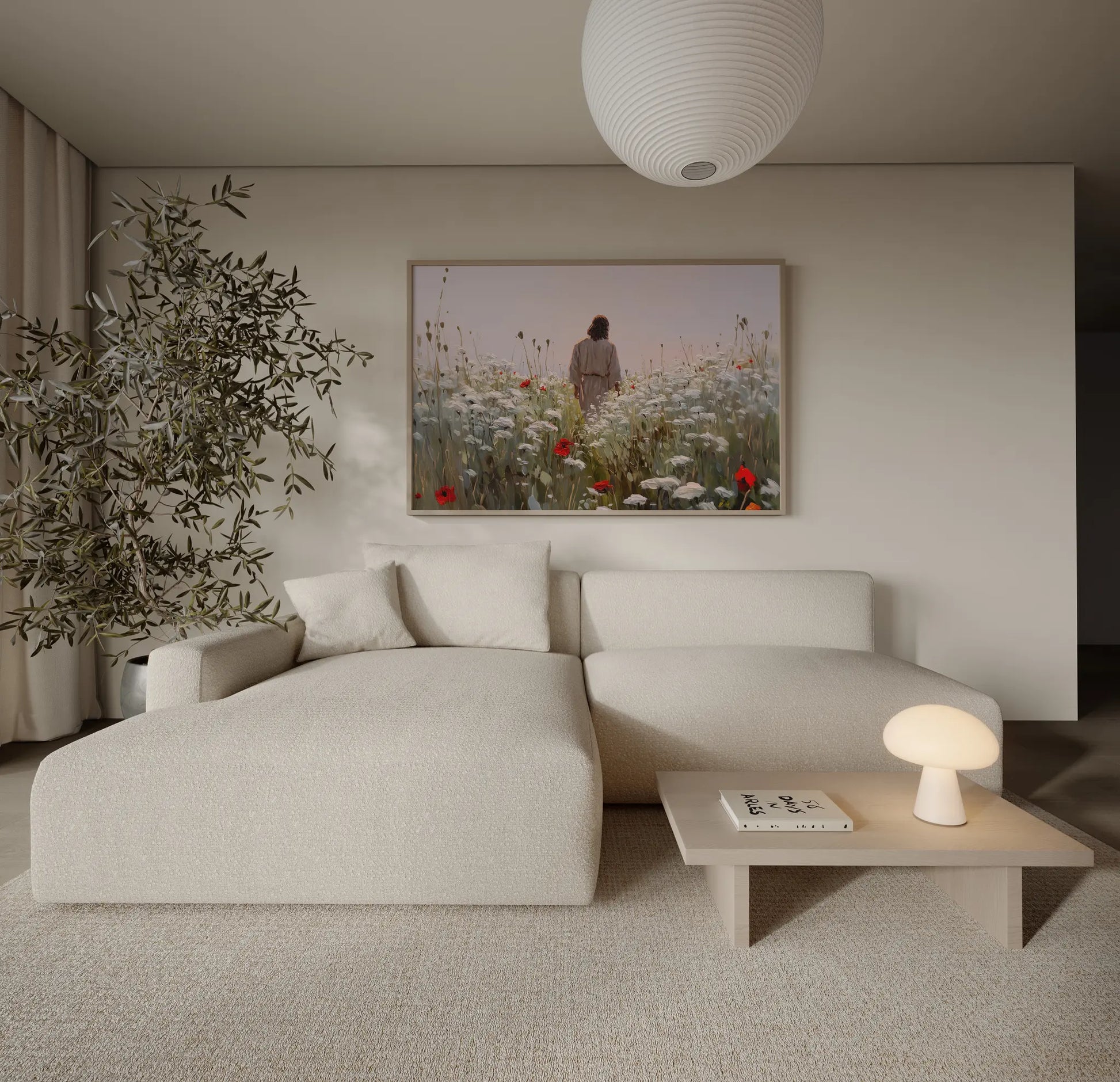 Jesus in a white and red poppy field immersive close-crop art print above a sofa in a calm, blush and neutral bedroom – JesusArtworks