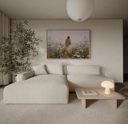 Jesus in a white and red poppy field immersive close-crop art print above a sofa in a calm, blush and neutral bedroom – JesusArtworks