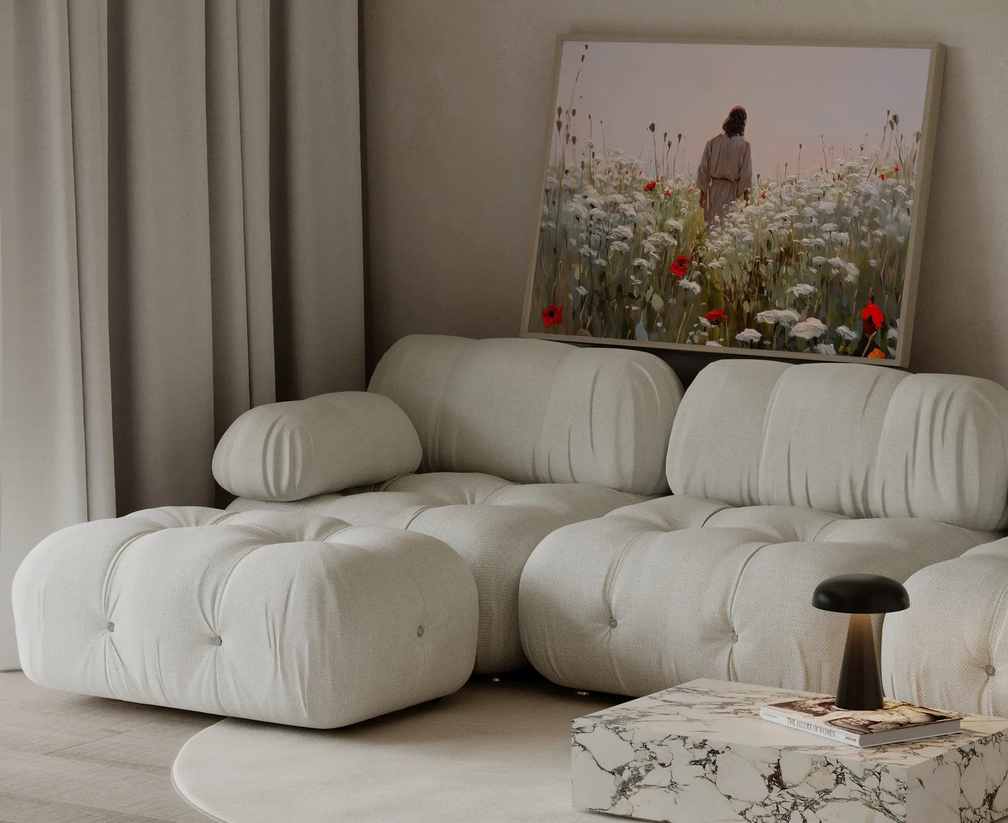 Walk with Me framed Jesus poppy wildflower meadow oil painting print in a neutral living room with linen sofa and soft warm lighting – JesusArtworks