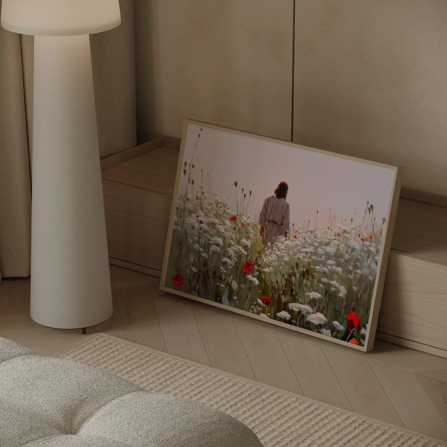 Walk with Me Jesus wildflower field Christian wall art print in a neutral Scandinavian home with white walls and warm natural tones – JesusArtworks
