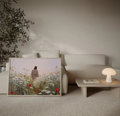 Jesus walking through a sea of white and red poppies in a warm modern living room – JesusArtworks