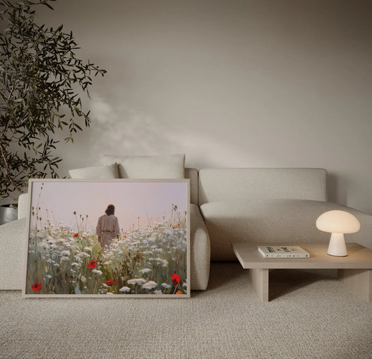 Jesus walking through a sea of white and red poppies in a warm modern living room – JesusArtworks