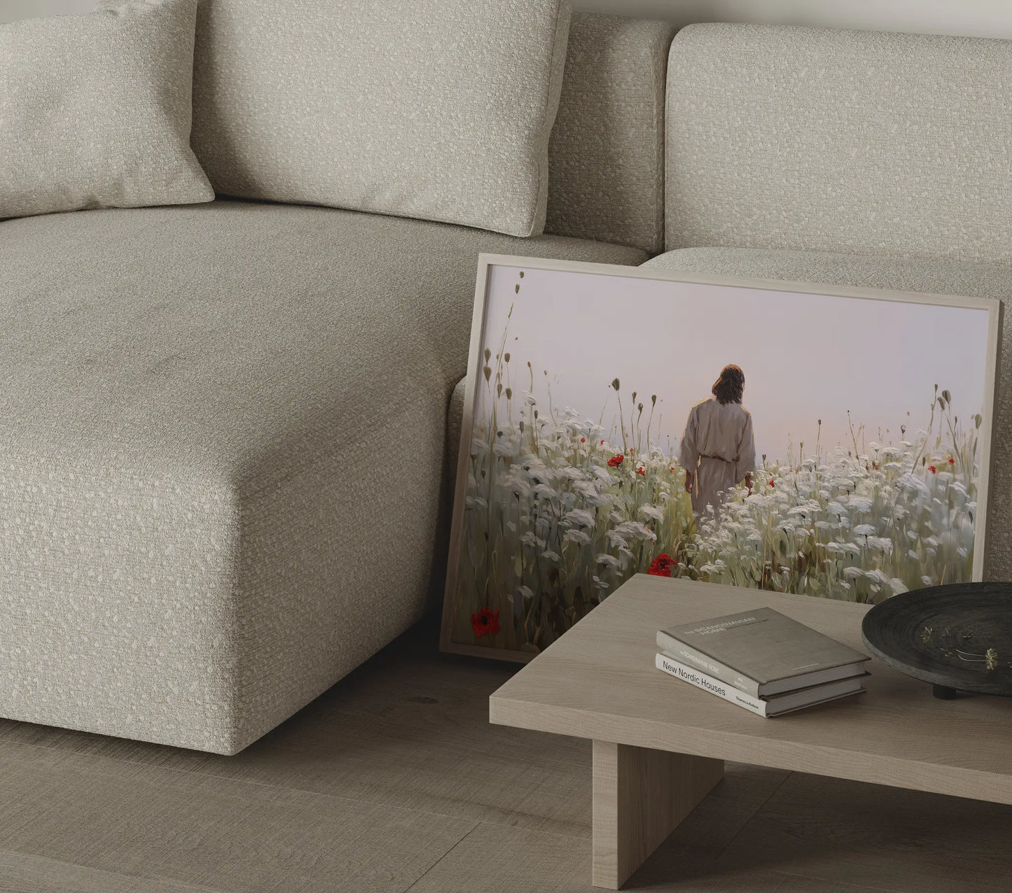 Jesus walking through poppies immersive view framed oil painting in a serene prayer room or meditation corner – Christian wall decor by JesusArtworks