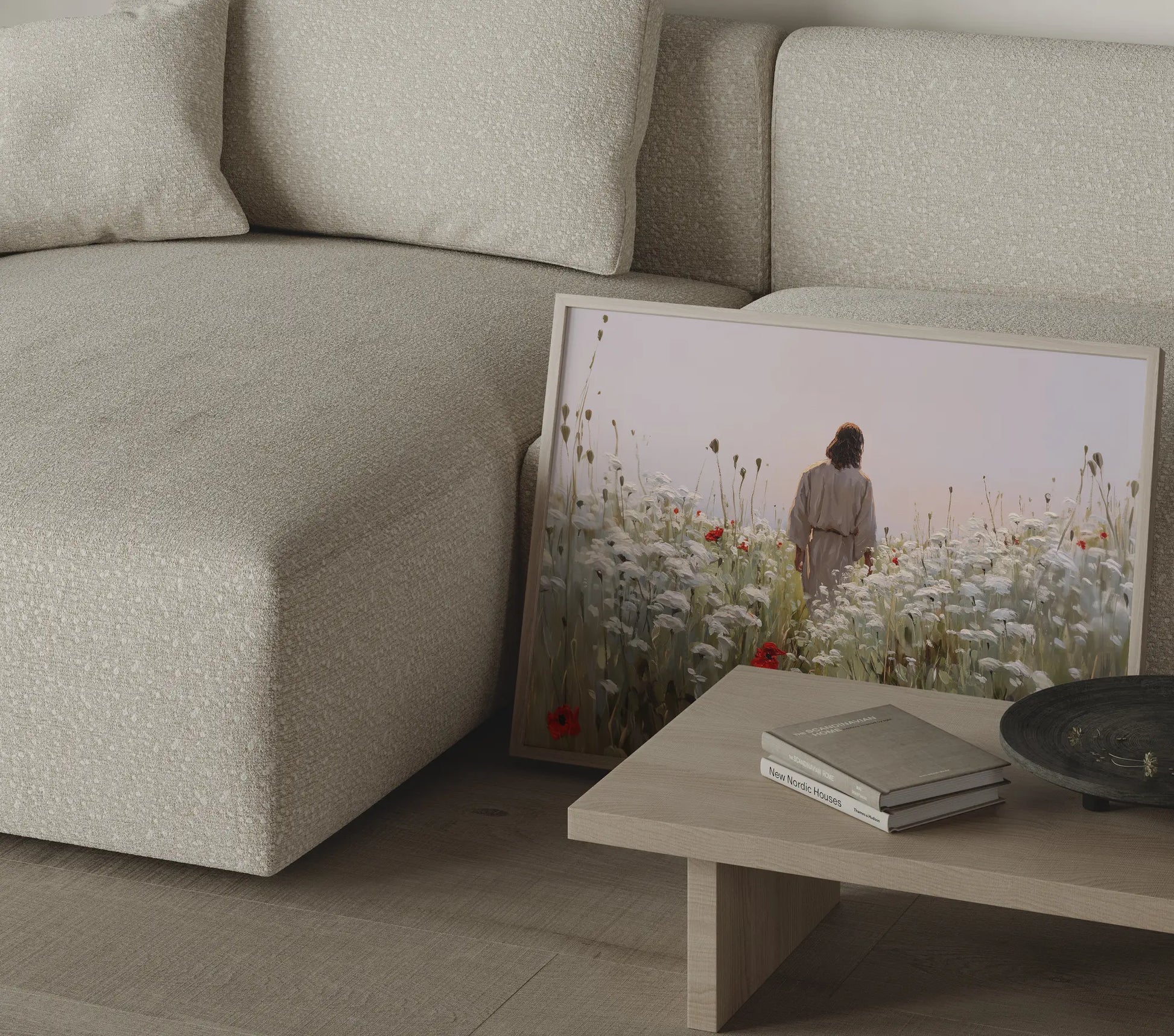 Jesus walking through poppies immersive view framed oil painting in a serene prayer room or meditation corner – Christian wall decor by JesusArtworks