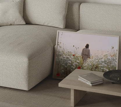 Jesus walking through poppies immersive view framed oil painting in a serene prayer room or meditation corner – Christian wall decor by JesusArtworks