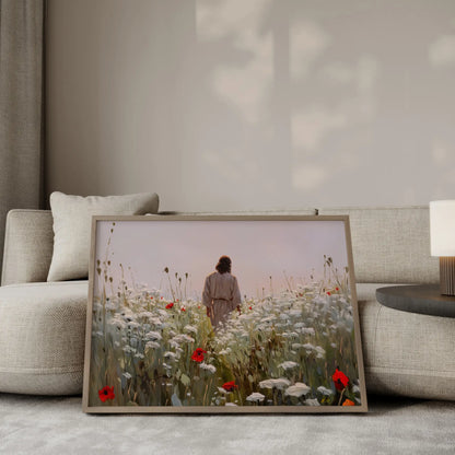 Walk with Me immersive oil painting – Jesus walking away through an enveloping sea of white wildflowers and red poppies under a soft mauve sky, Christian wall art by JesusArtworks