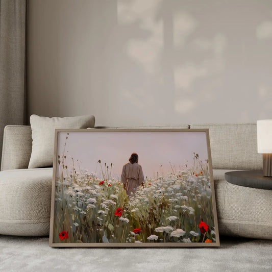 Walk with Me immersive oil painting – Jesus walking away through an enveloping sea of white wildflowers and red poppies under a soft mauve sky, Christian wall art by JesusArtworks