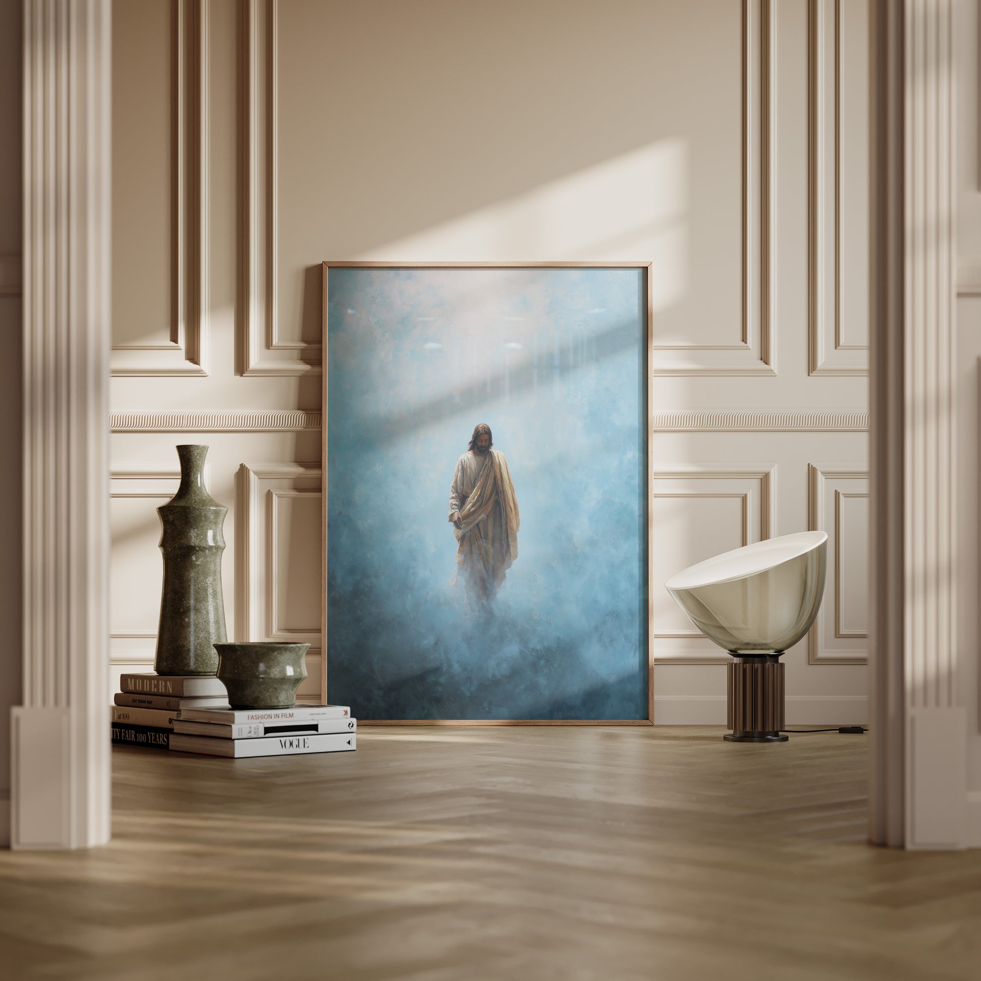 Sacred minimalist painting of Jesus walking, using muted slate and gold tones, soft atmospheric perspective, and a calm, spiritual ambiance.