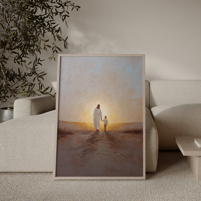 Jesus walking hand in hand with child – Christian art by JesusArtworks