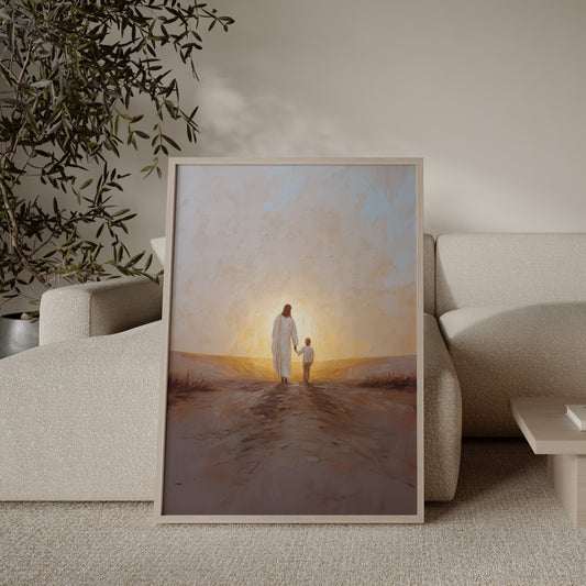 Modern impressionist painting of Jesus walking hand in hand with a child, featuring warm tonal colors, impasto texture, and a serene, symbolic spiritual scene.