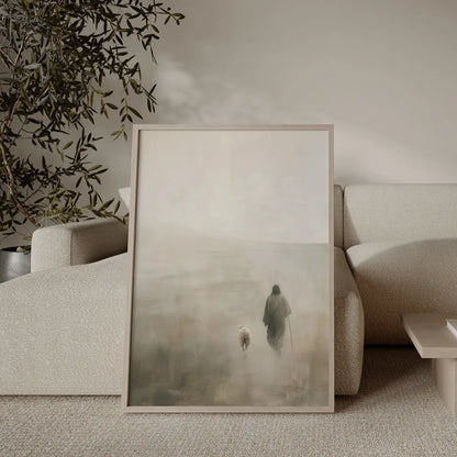 The Shepherd's Love wall art, minimalist painting of Jesus walking with a sheep in mist