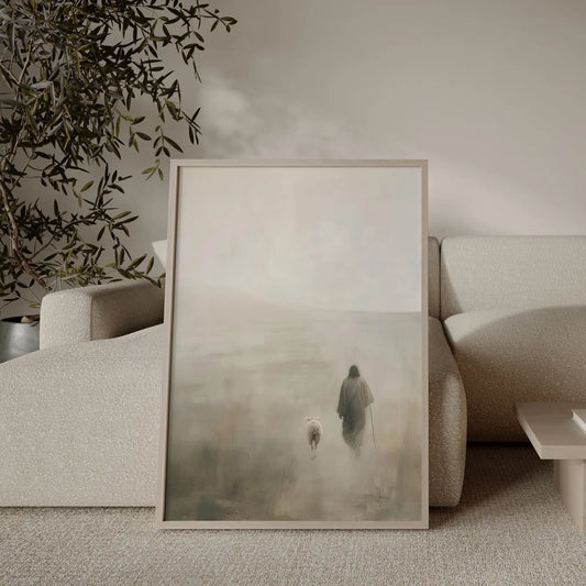 The Shepherd's Love wall art, minimalist painting of Jesus walking with a sheep in mist