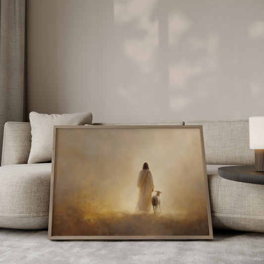 Modern Christian painting of Jesus walking with a lamb, featuring soft-focus impressionist brushwork, warm tonal palette, and a serene spiritual glow.
