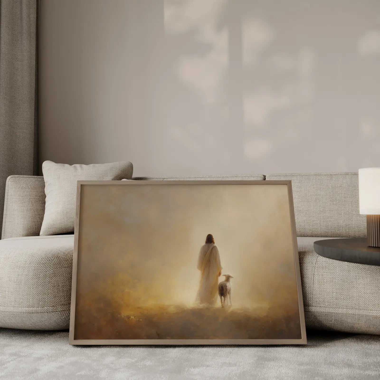 Landscape wall art of Jesus walking with a lamb, warm golden Christian print for wide walls