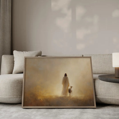 Landscape wall art of Jesus walking with a lamb, warm golden Christian print for wide walls