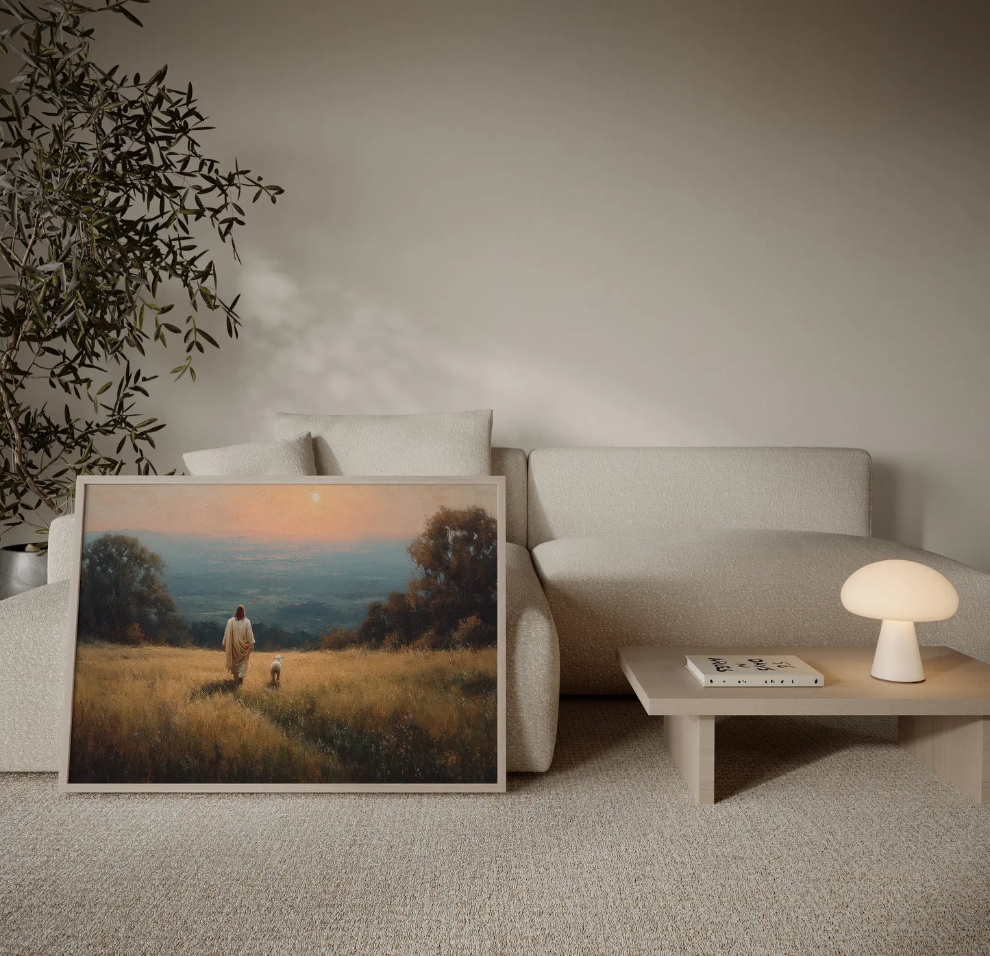 Jesus walking with a lamb in a golden field at sunset Christian art print displayed above a sofa in a warm neutral living room – JesusArtworks