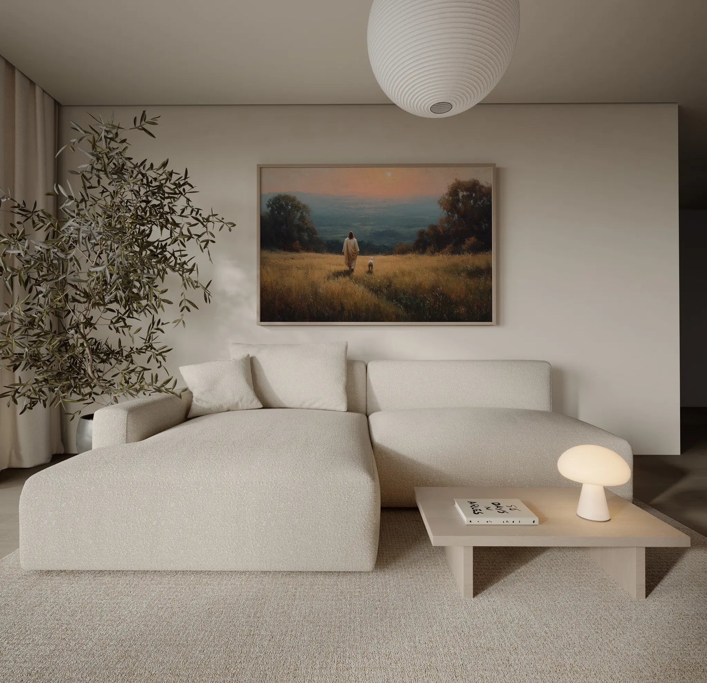 Jesus shepherd and lamb sunset oil painting print above a sofa in a calm, warm-toned living room – Christian home decor by JesusArtworks