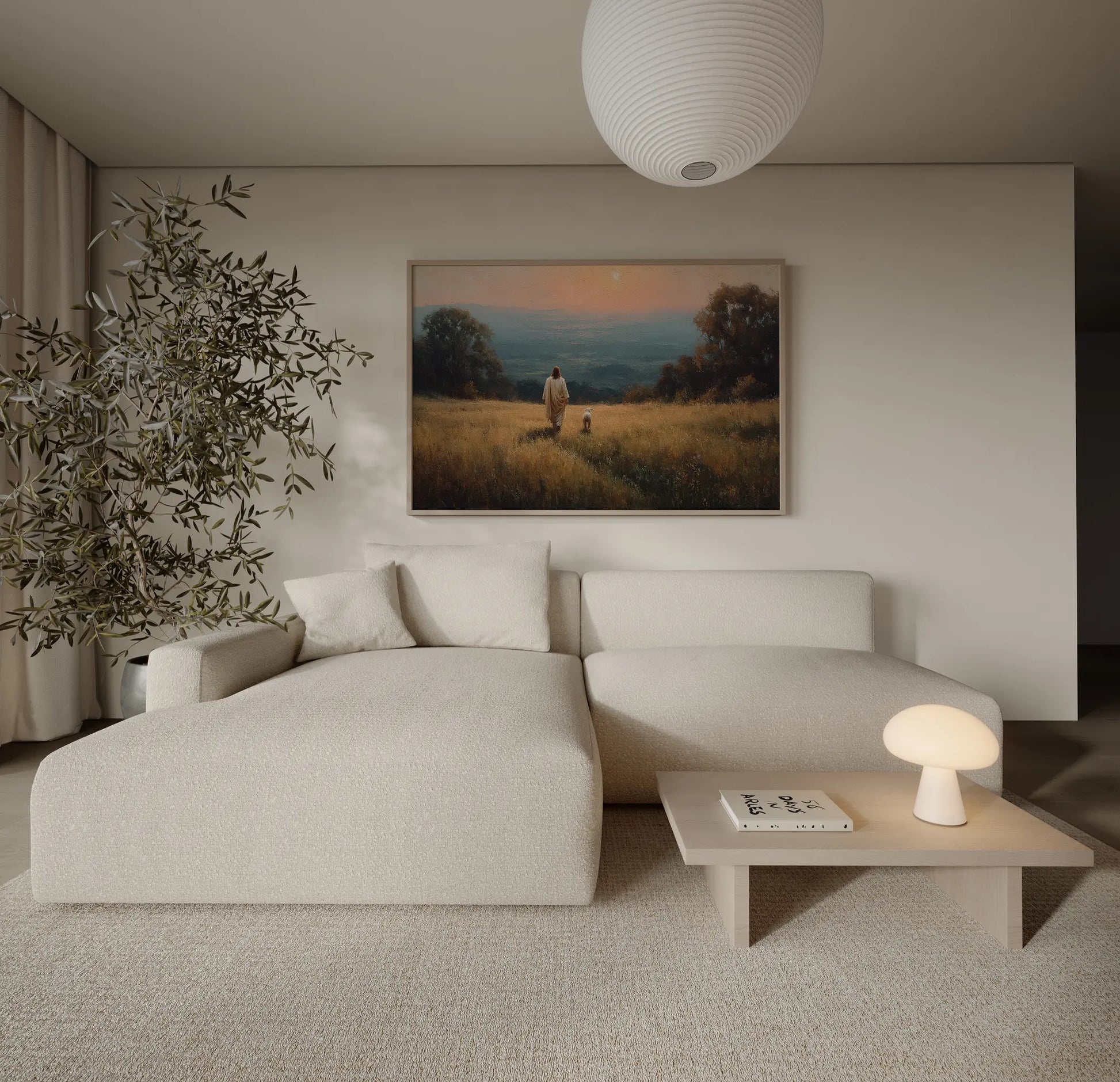 Jesus shepherd and lamb sunset oil painting print above a sofa in a calm, warm-toned living room – Christian home decor by JesusArtworks