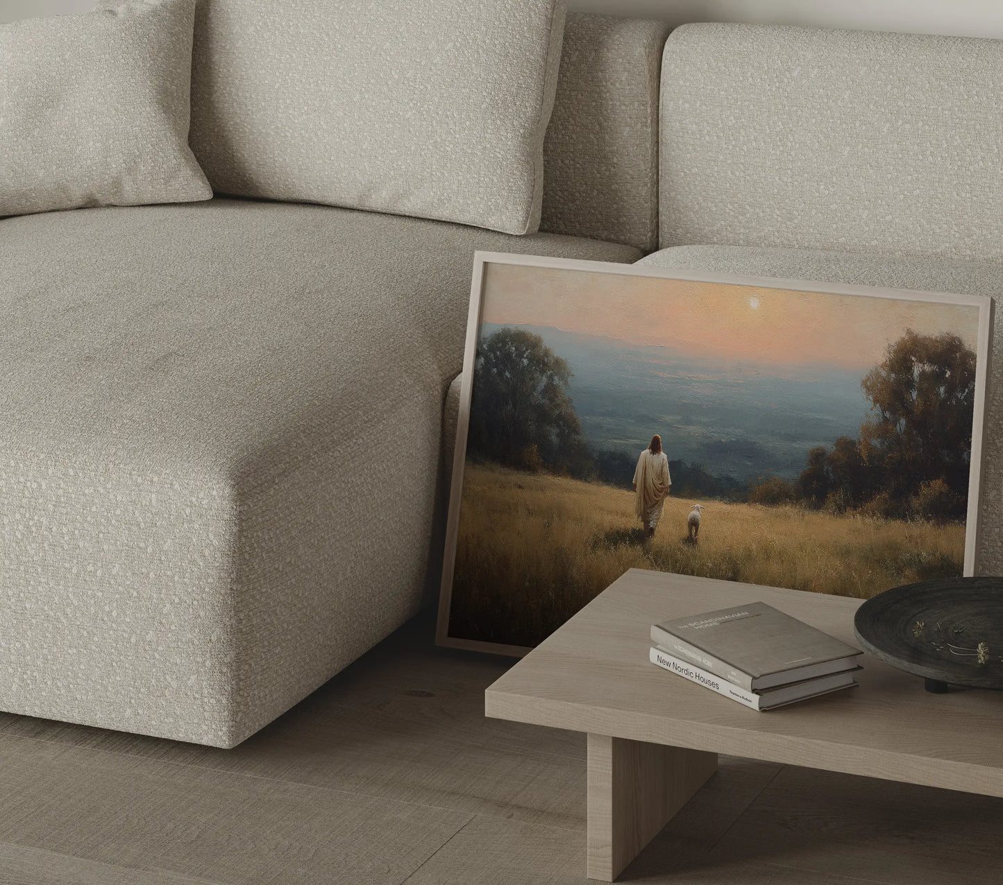 Jesus walking with a lamb golden hour pastoral art print in a Scandinavian home with white walls and natural linen textures – JesusArtworks