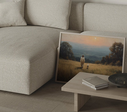 Jesus walking with a lamb golden hour pastoral art print in a Scandinavian home with white walls and natural linen textures – JesusArtworks