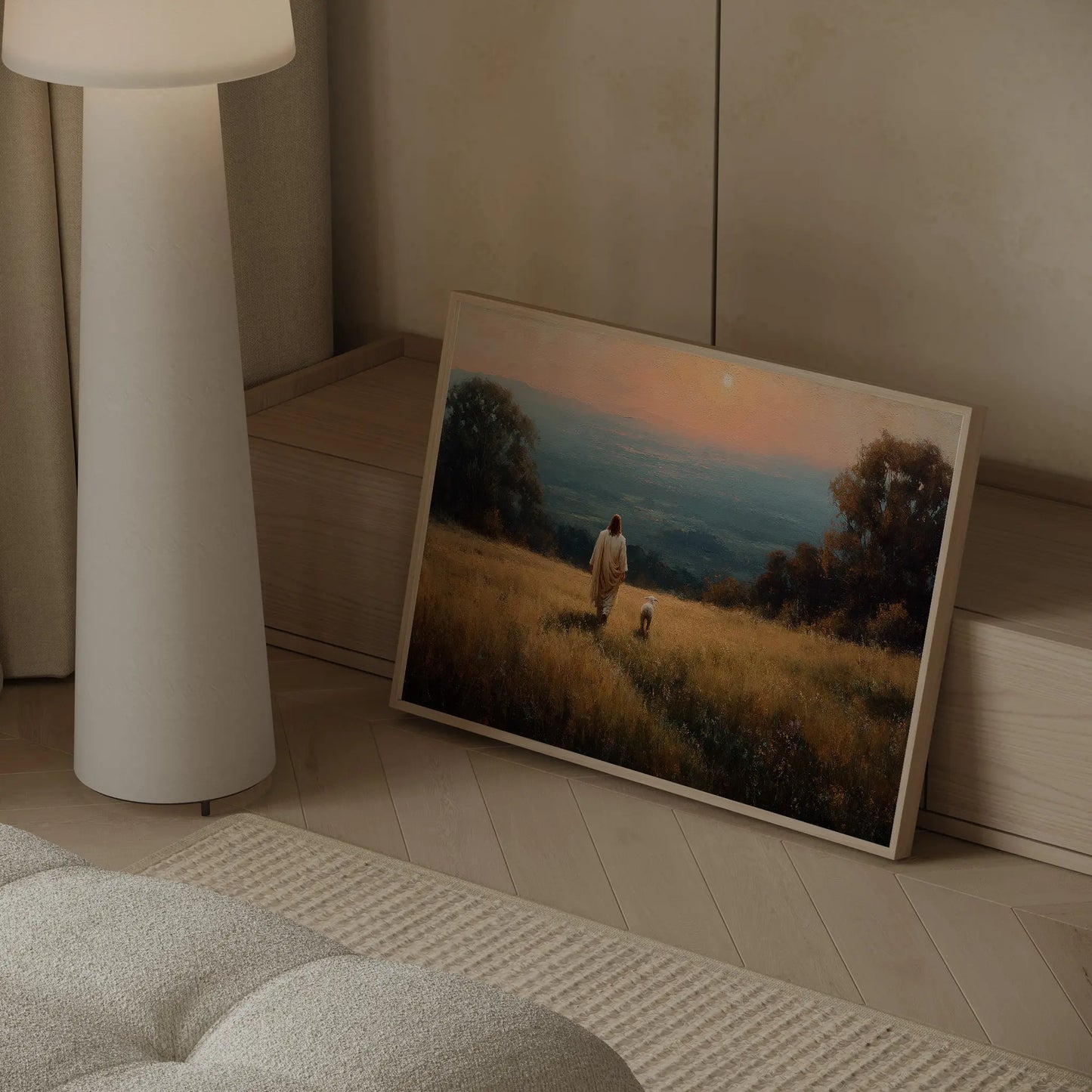 The One He Came For framed Jesus and lamb Christian oil painting print leaning against a neutral wall in a modern home – biblical wall art by JesusArtworks