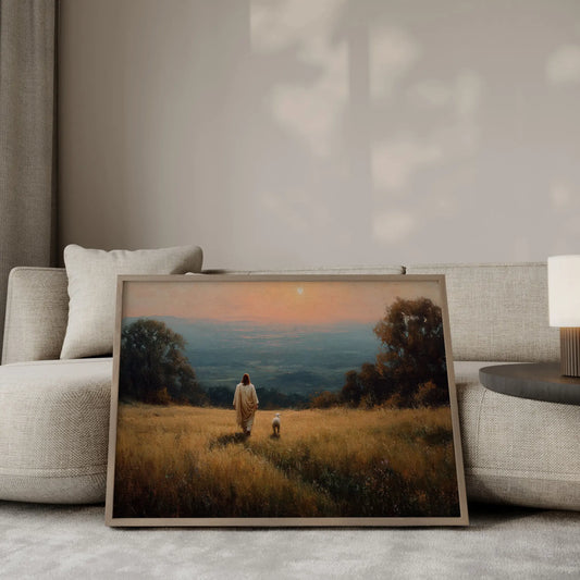 The One He Came For oil painting – Jesus in white robes walking through a golden sunset field with a small white lamb at his side, Christian wall art by JesusArtworks
