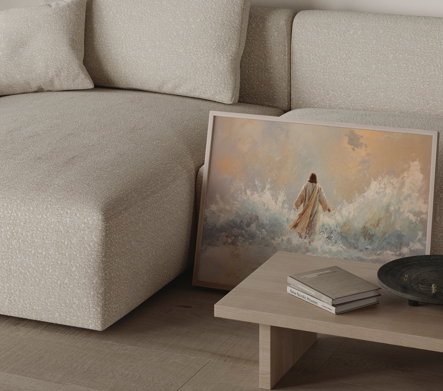 Modern Christian painting of Jesus walking on the sea, with soft impressionist textures, muted warm tones, and divine ethereal glow.