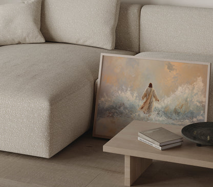 Modern Christian painting of Jesus walking on the sea, with soft impressionist textures, muted warm tones, and divine ethereal glow.