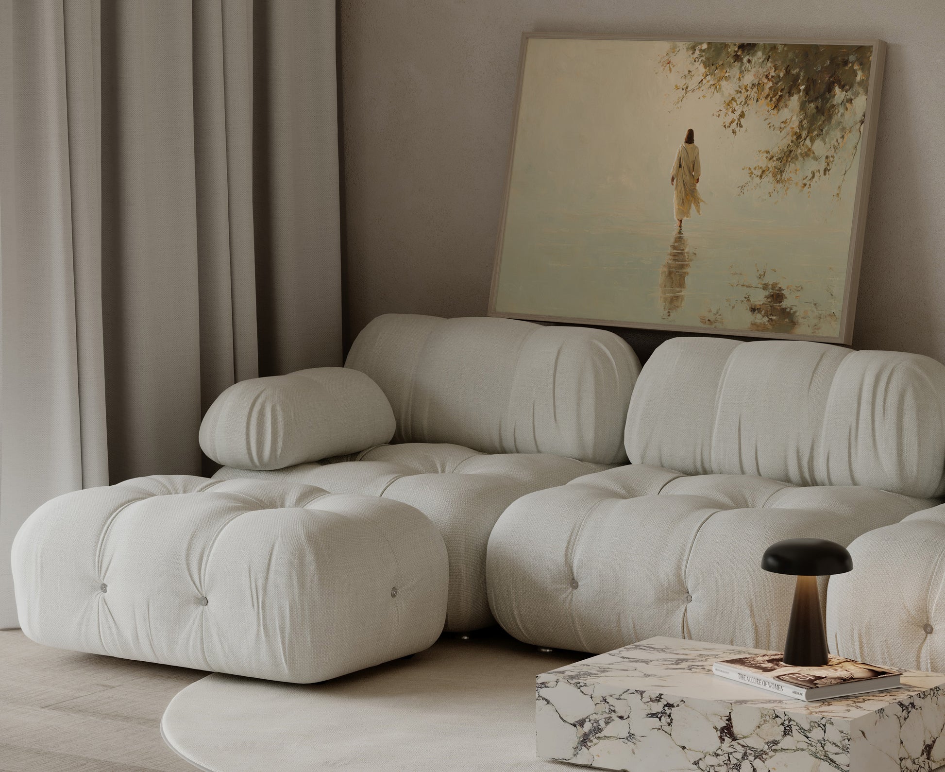 Modern impressionist Christian artwork of Jesus walking on water, emphasizing divine presence with soft textures and warm ethereal lighting.