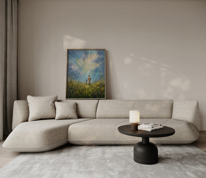 Modern faith-based artwork of Jesus walking hand in hand with a child, painted with impasto strokes and a warm, tender atmosphere.