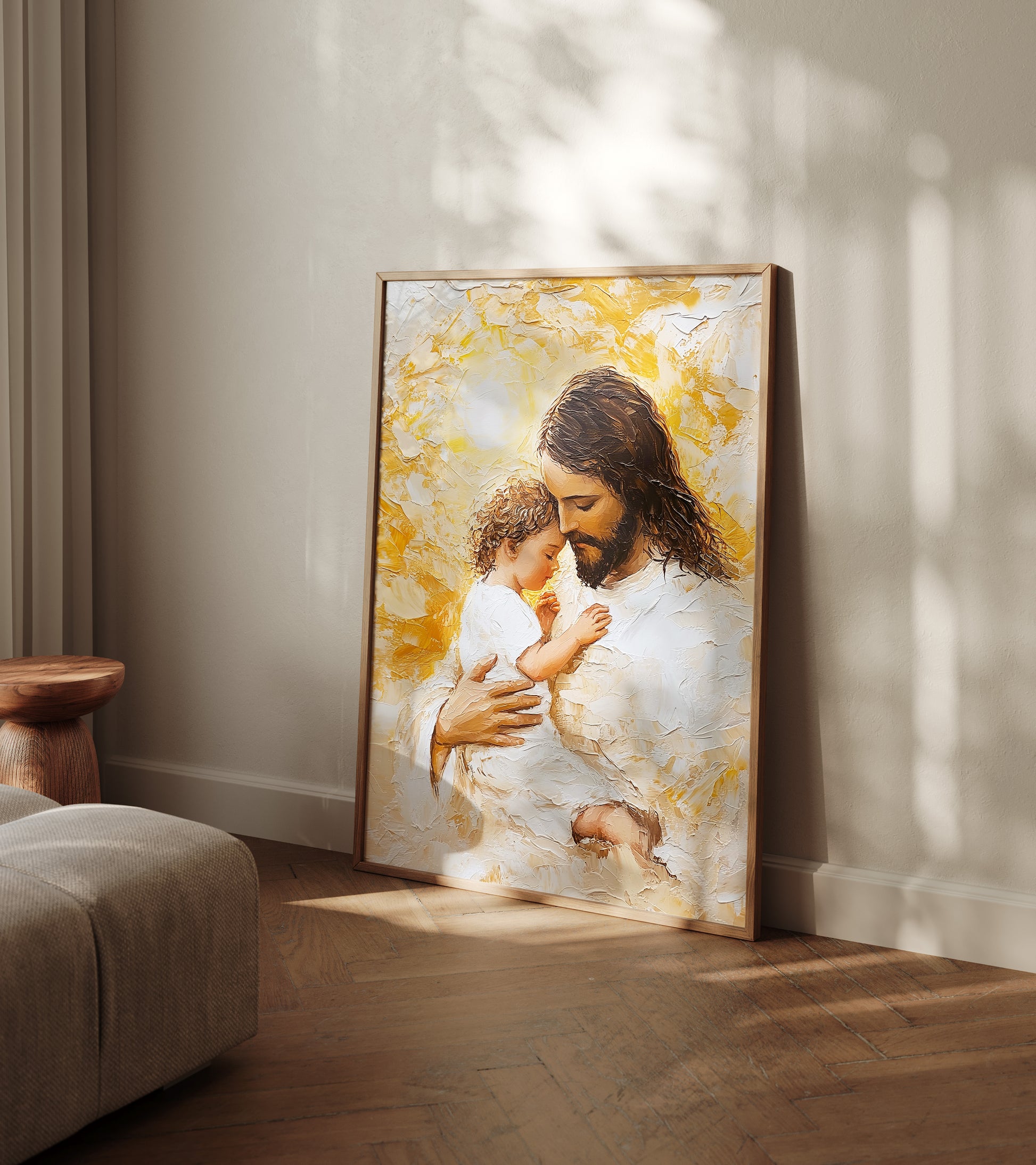 Modern sacred portrait of Jesus with a child, featuring palette knife impasto, abstract glowing background, and a sense of divine tenderness.