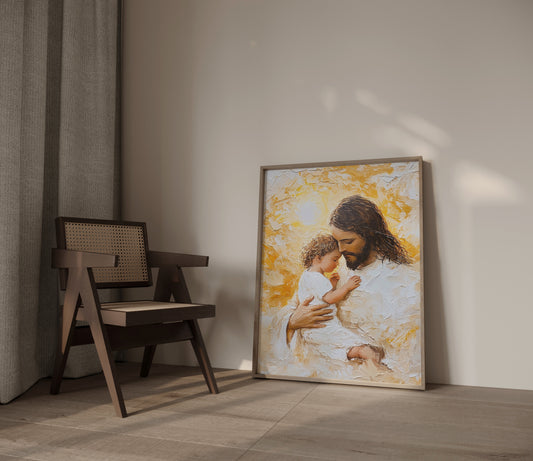 Sacred impressionist artwork of Jesus holding a child, featuring expressive palette knife strokes, glowing ochre colors, and a peaceful spiritual mood.