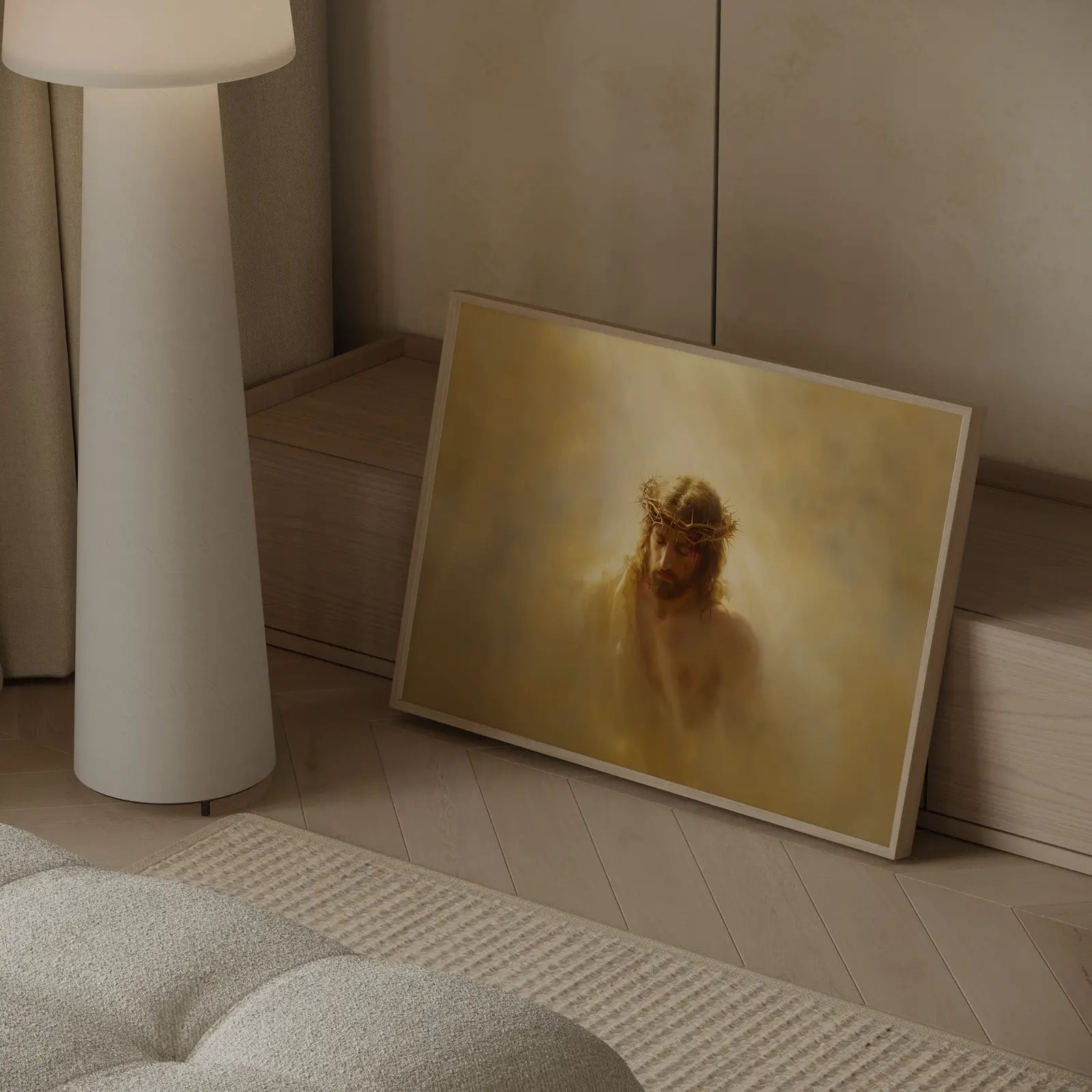 Man of sorrows Isaiah 53 wall art with radiant Christ bearing crown in peace – JesusArtworks
