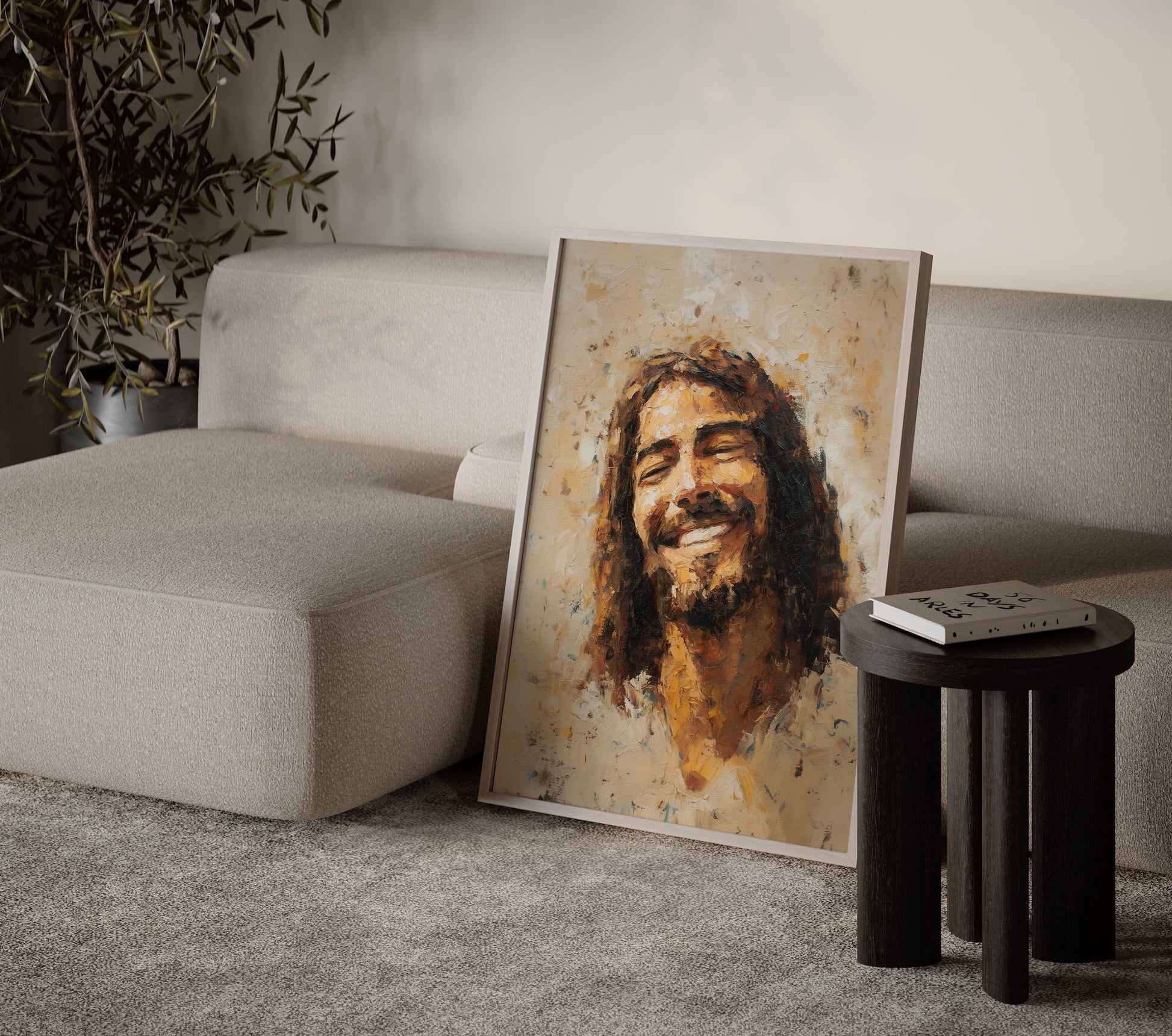 Expressionist Christian artwork depicting a joyful, smiling Jesus, using thick textured paint, vibrant accents, and a warm, uplifting mood.
