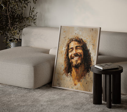 Expressionist Christian artwork depicting a joyful, smiling Jesus, using thick textured paint, vibrant accents, and a warm, uplifting mood.