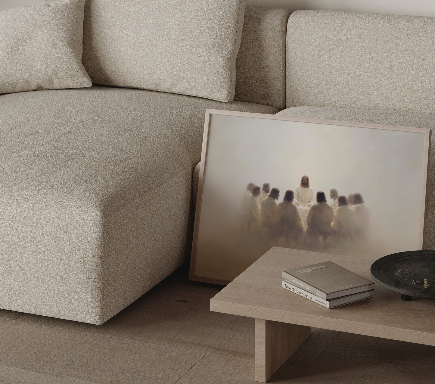 Modern Christian painting of the Last Supper centered on Jesus, featuring softened forms, warm tonal colors, and a peaceful spiritual presence.
