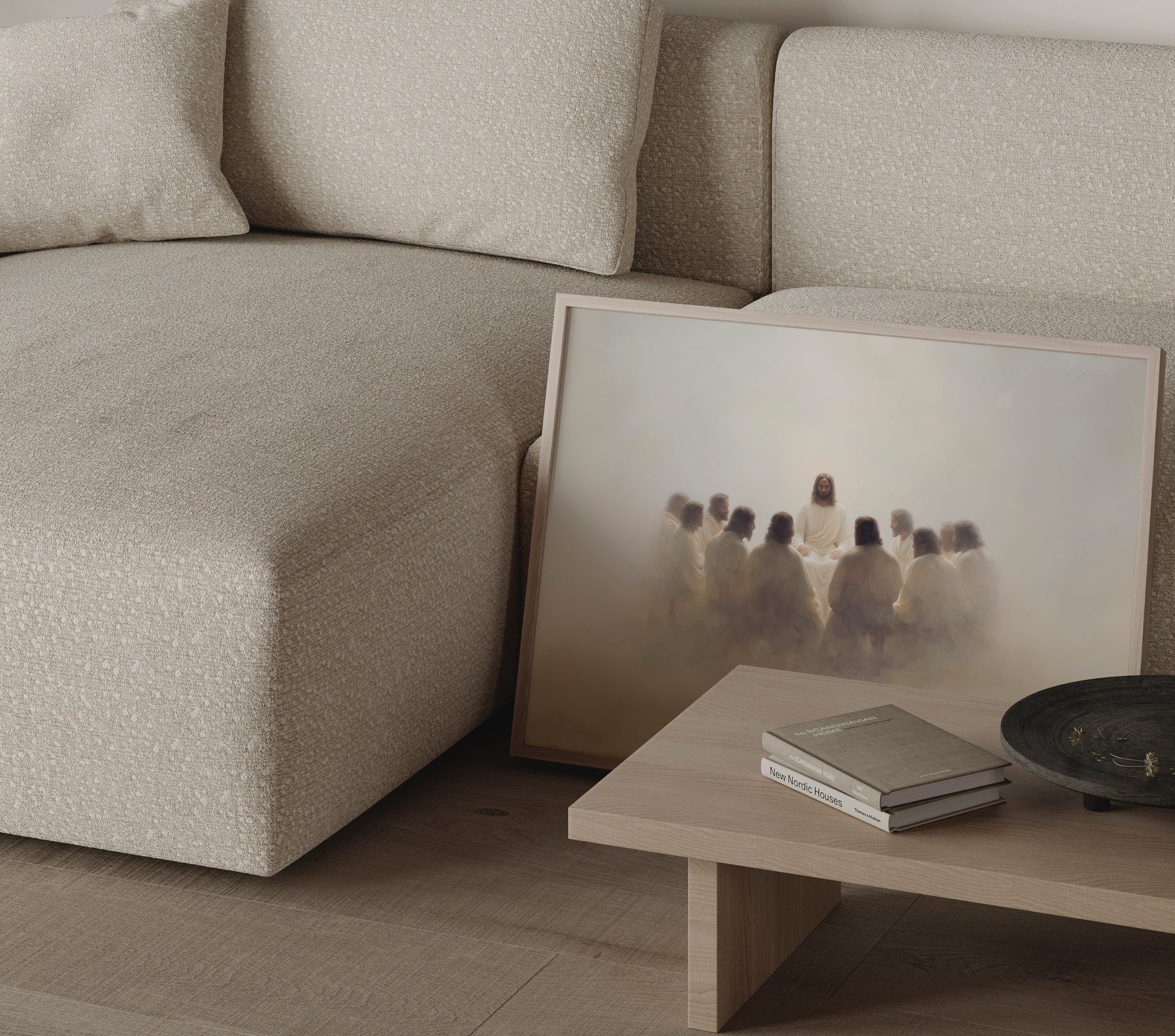 Modern Christian painting of the Last Supper centered on Jesus, featuring softened forms, warm tonal colors, and a peaceful spiritual presence.