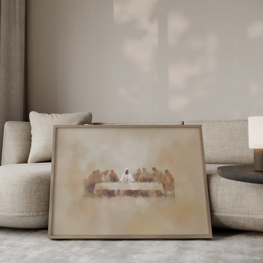 Modern Christian painting of the Last Supper with Jesus at the center, rendered with soft impressionist brushwork and a warm, sacred inner glow.