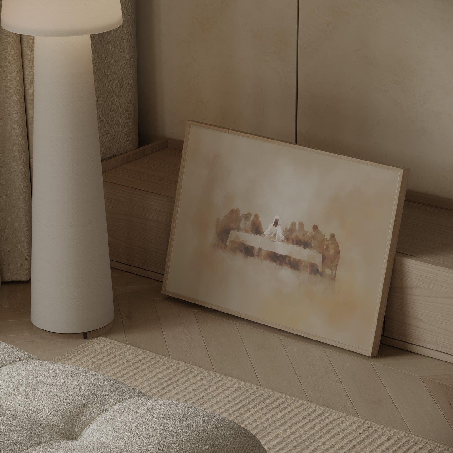 Modern spiritual Christian painting of the Last Supper, featuring a tonal palette, mixed media textures, and a serene, timeless mood.