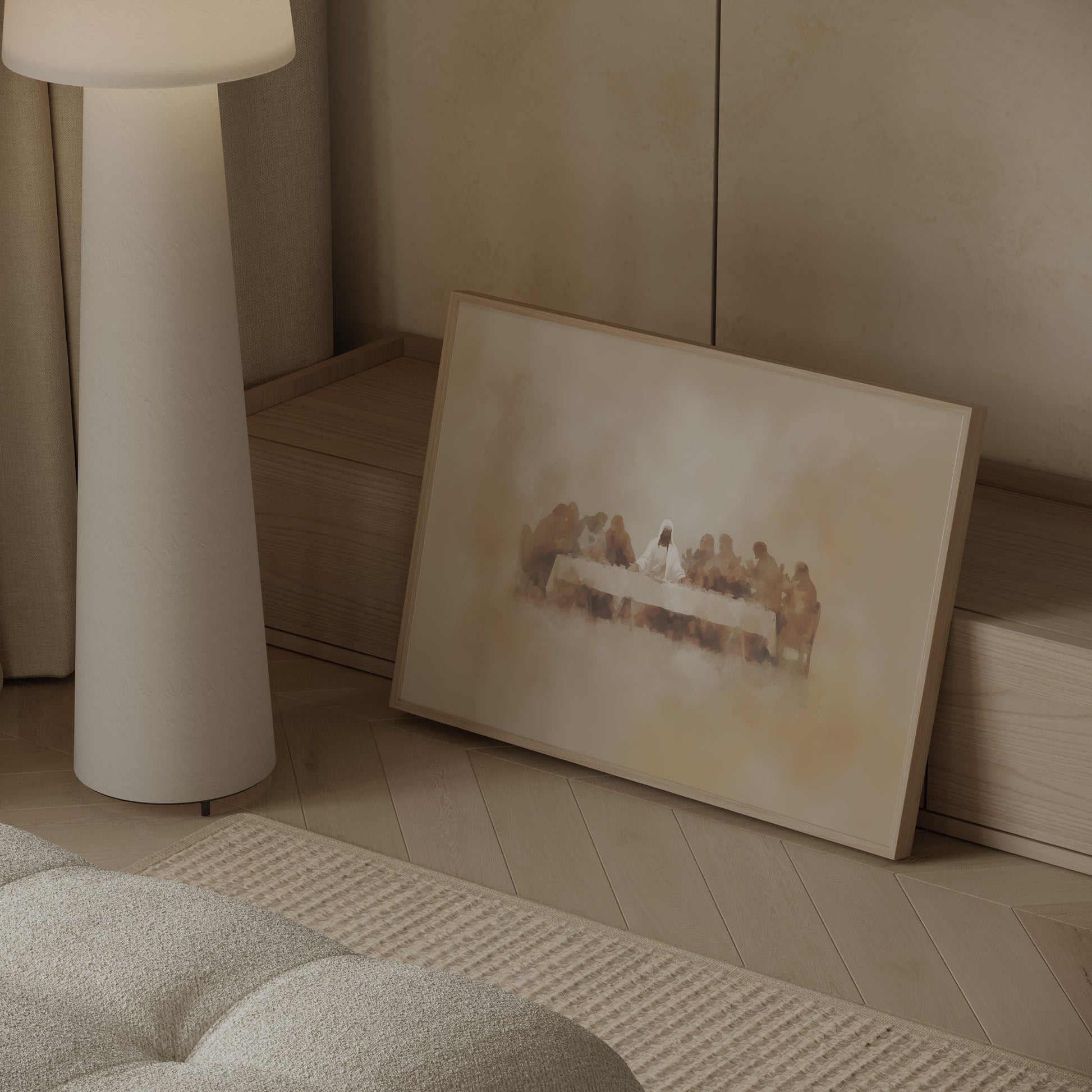 Modern spiritual Christian painting of the Last Supper, featuring a tonal palette, mixed media textures, and a serene, timeless mood.