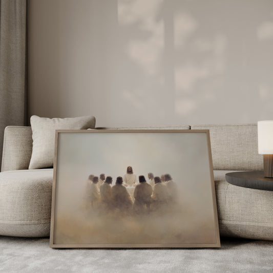 Modern Christian painting of the sacred meal at the Last Supper, focusing on emotional connection, gentle light, and timeless spiritual symbolism.