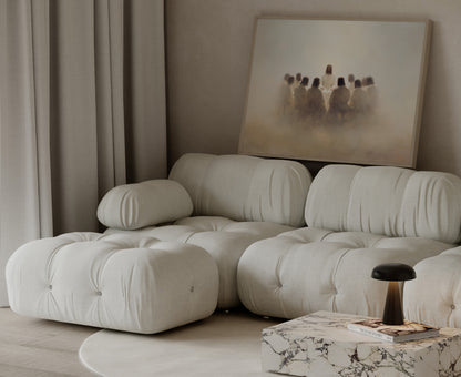 Timeless spiritual Christian painting of the Last Supper, using Renaissance-inspired textures, muted gold tones, and a contemplative atmosphere.