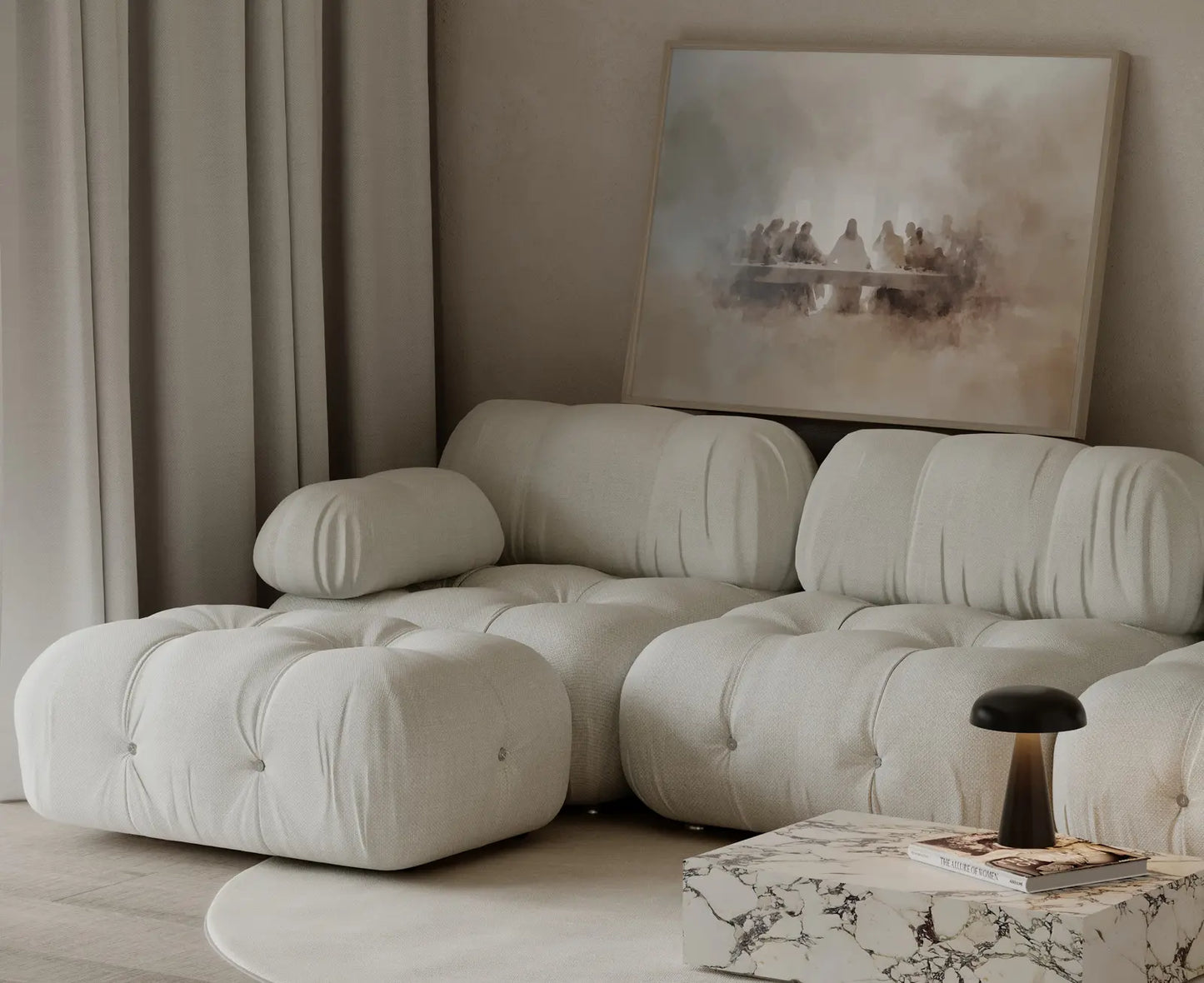 The Last Supper watercolor silhouette framed print in a natural wood frame displayed in a warm minimalist Scandinavian living room with beige linen sofa – JesusArtworks