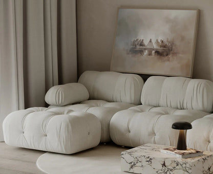 The Last Supper watercolor silhouette framed print in a natural wood frame displayed in a warm minimalist Scandinavian living room with beige linen sofa – JesusArtworks
