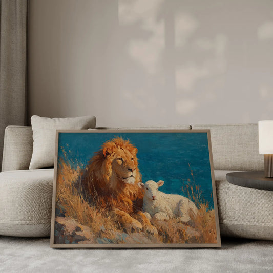 Worthy Is the Lamb bold oil painting – Lion of Judah and white lamb resting on a coastal cliff overlooking a deep teal ocean, Christian wall art by JesusArtworks