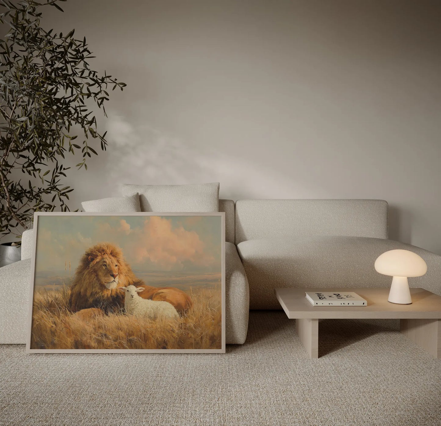 Lion and lamb pastoral field art print in a bright white Scandinavian living room with natural wood frame – Christian home decor by JesusArtworks