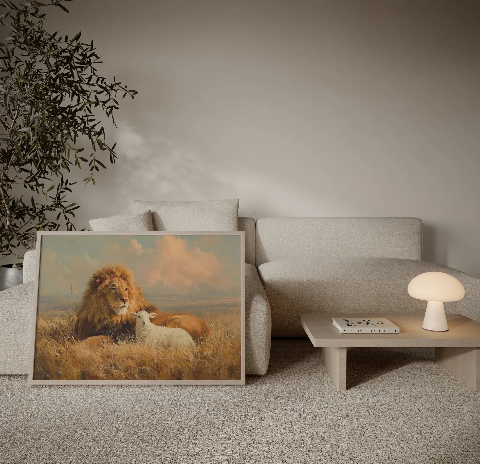 Lion and lamb pastoral field art print in a bright white Scandinavian living room with natural wood frame – Christian home decor by JesusArtworks