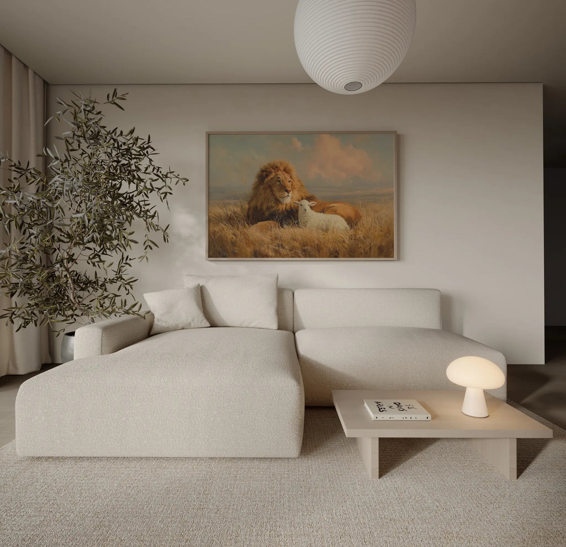 Peaceable Kingdom lion and lamb framed oil painting print above a sofa in a calm, light-filled modern home – biblical wall art by JesusArtworks