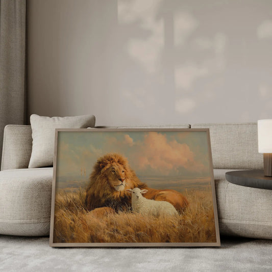 Peace of the Kingdom oil painting – lion and white lamb resting together in a golden field under a bright pink cloudy sky, Isaiah 11 Christian wall art by JesusArtworks
